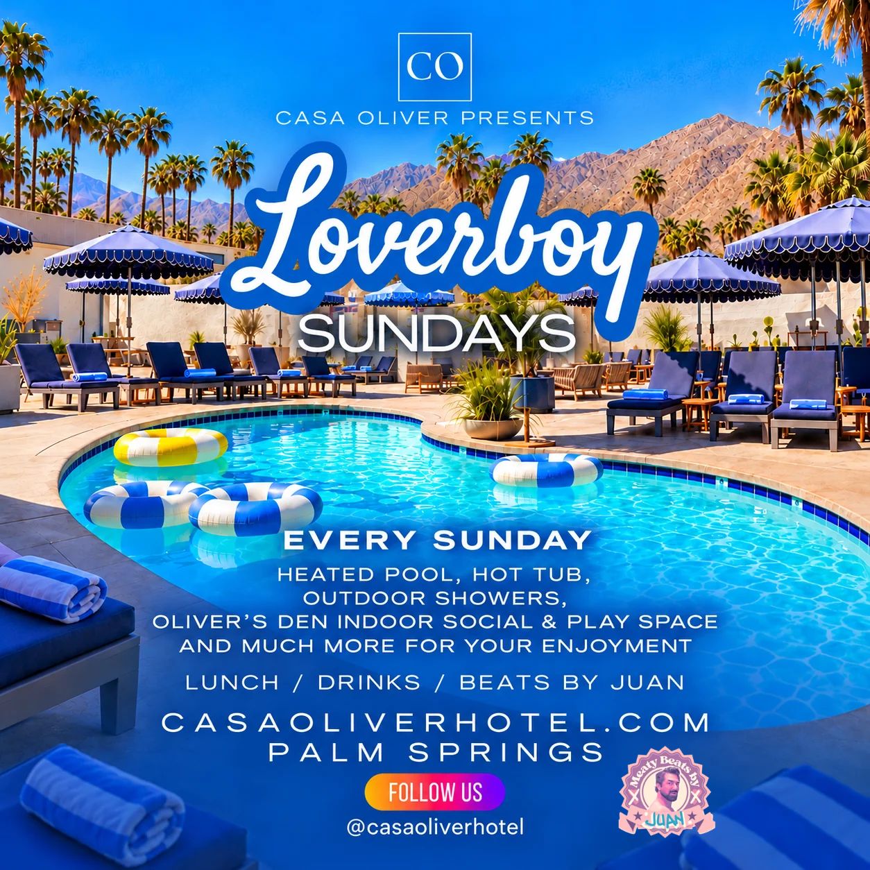 Loverboy Sundays Pool Party at Casa Oliver Palm Springs Loverboy Sundays pool party at Casa Oliver featuring a heated pool, hot tub, outdoor showers and beats by Juan